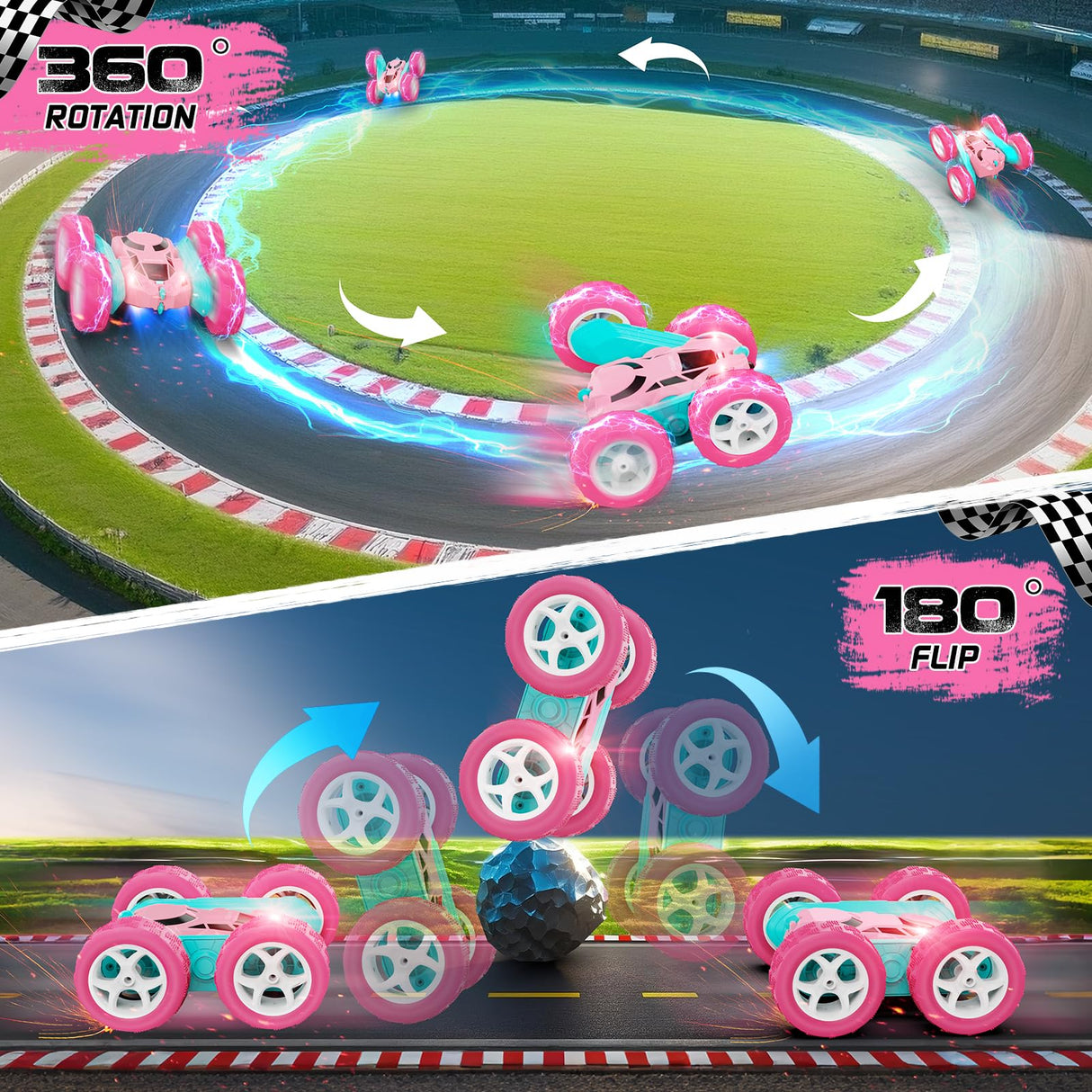 cosone Pink Remote Control Car for Girls - RC Stunt Cars with 4WD Double-Sided Driving 360° Flips Rotating, Off Road Remote Car Outdoor Toys for Kids Age 6 7 8-12, Christmas Birthday Gifts