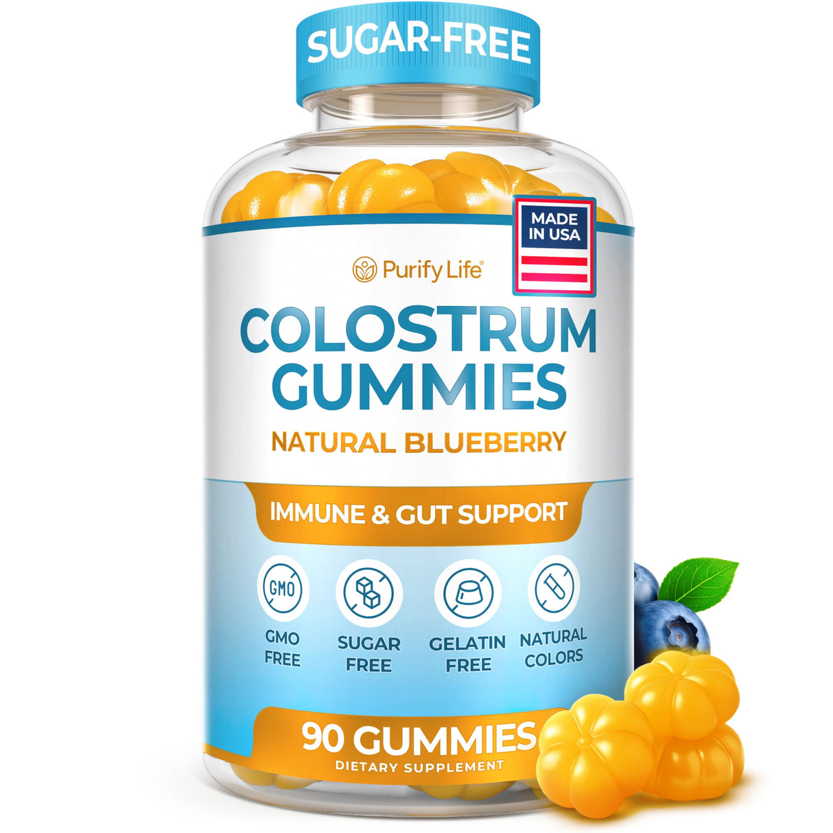 Sugar-Free Colostrum Gummies (1500mg) Bovine Colostrum for Humans, Grass-Fed Supplement for Gut Health, Leaky Gut Repair, Immune Support, Skin Health - 35% IgG Per Serving