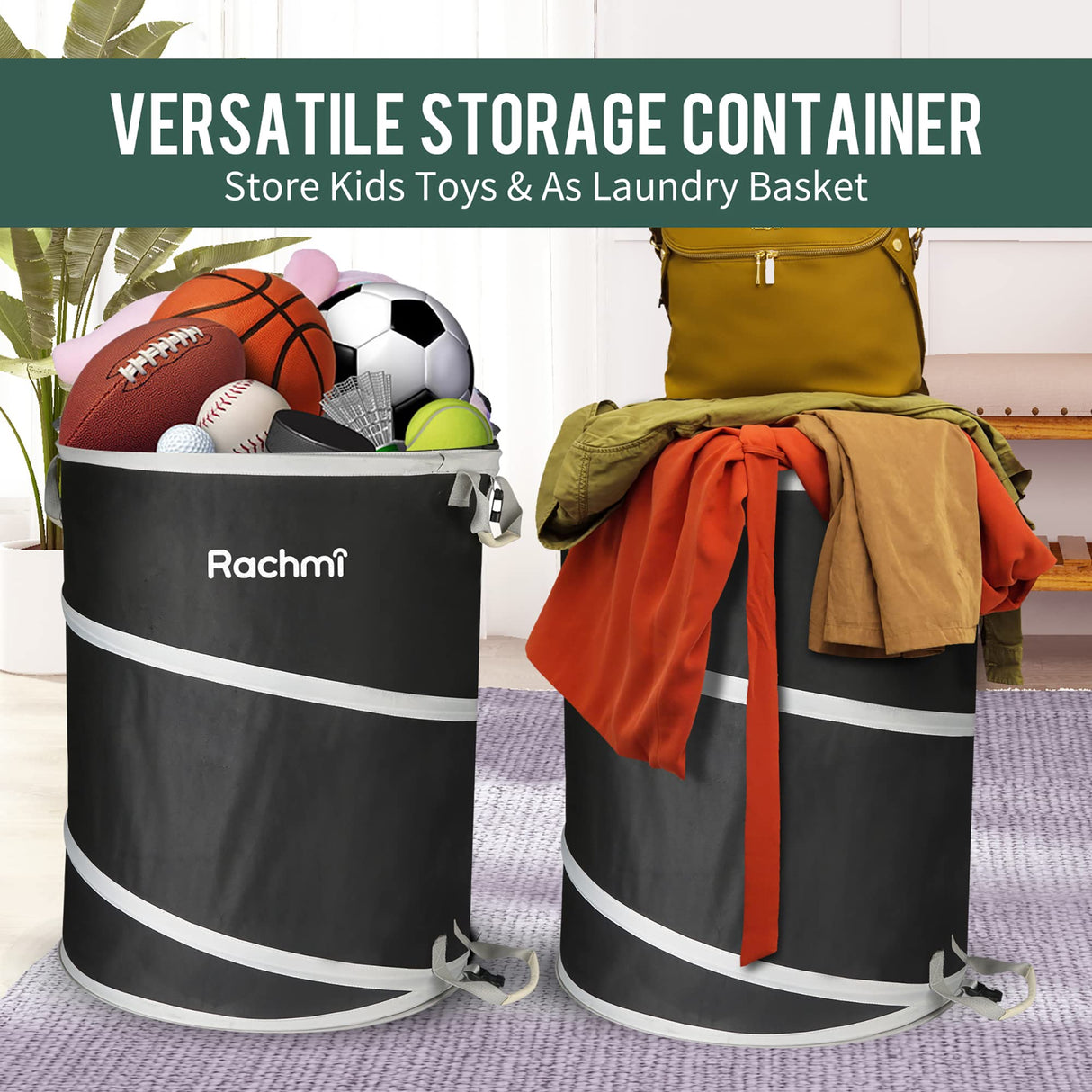 Rachmi 40 Gallon Collapsible Trash Can 2-Pack, Heavy Duty 600D Oxford Reusable Pop-Up Yard Waste Bag for Lawn & Garden Cleanup, Water-Resistant Outdoor Leaf Bin with Spring Frame, 22"x26.4", Black