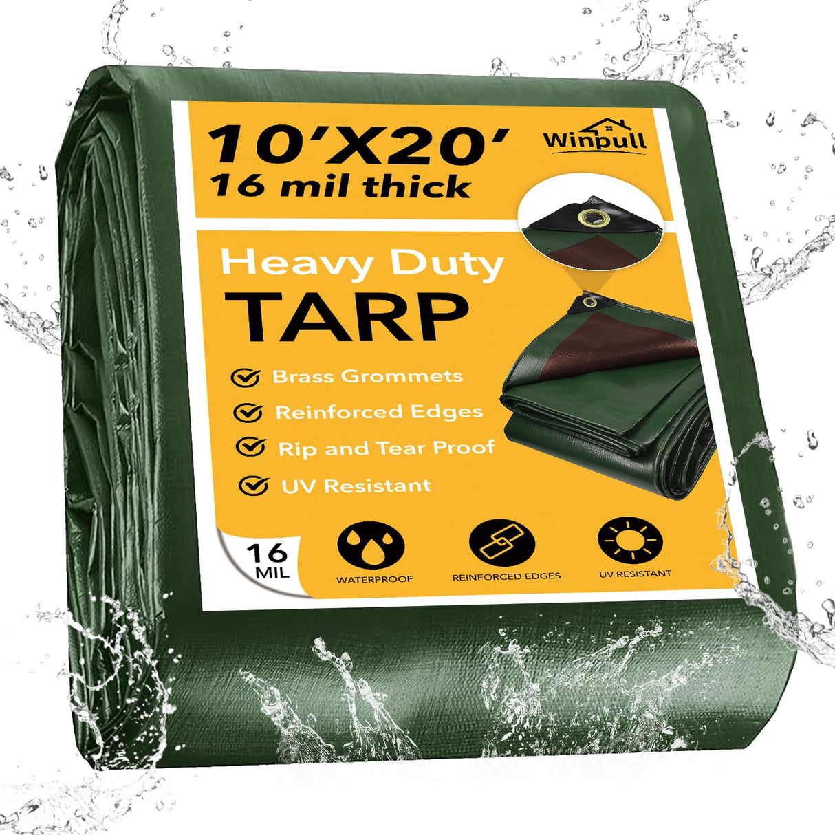 Winpull Tarp 10x20 Feet 16 Mil Heavy Duty Waterproof Tarp, Large Multipurpose Cover with Brass Grommets and Reinforced Edges, UV Resistant Thick Poly Tarps for Outdoor Camping Tent Pool Car, Green