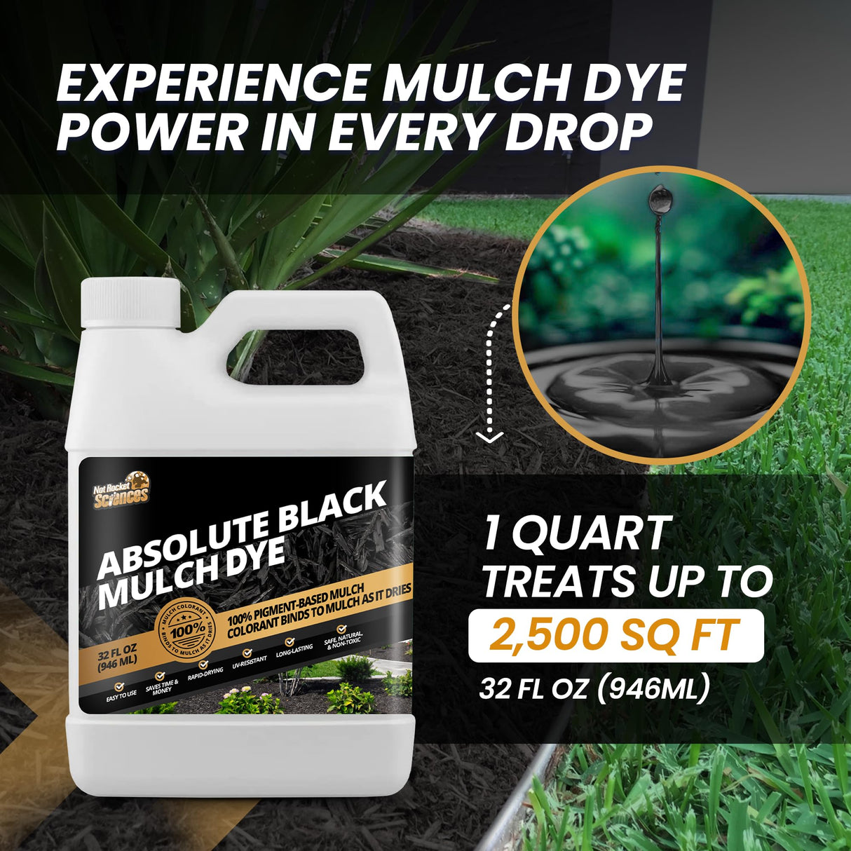 32oz Absolute Black Mulch Dye - Covers up to 2,500 sq. ft., Liquid Mulch Dye Black, Premium Color Concentrate, Ideal for Landscaping, Renews Faded Rubber or Wood Chips, 100% Color Pigment