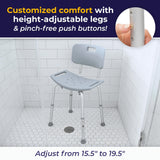 Drive Medical RTL12202KDR Shower Chair with Back, Adjustable Stool with Suction Feet, Shower Seat for Inside Shower or Tub, Bathroom Bench Bath Chair for Elderly and Disabled, 300 LB Weight Cap, Grey