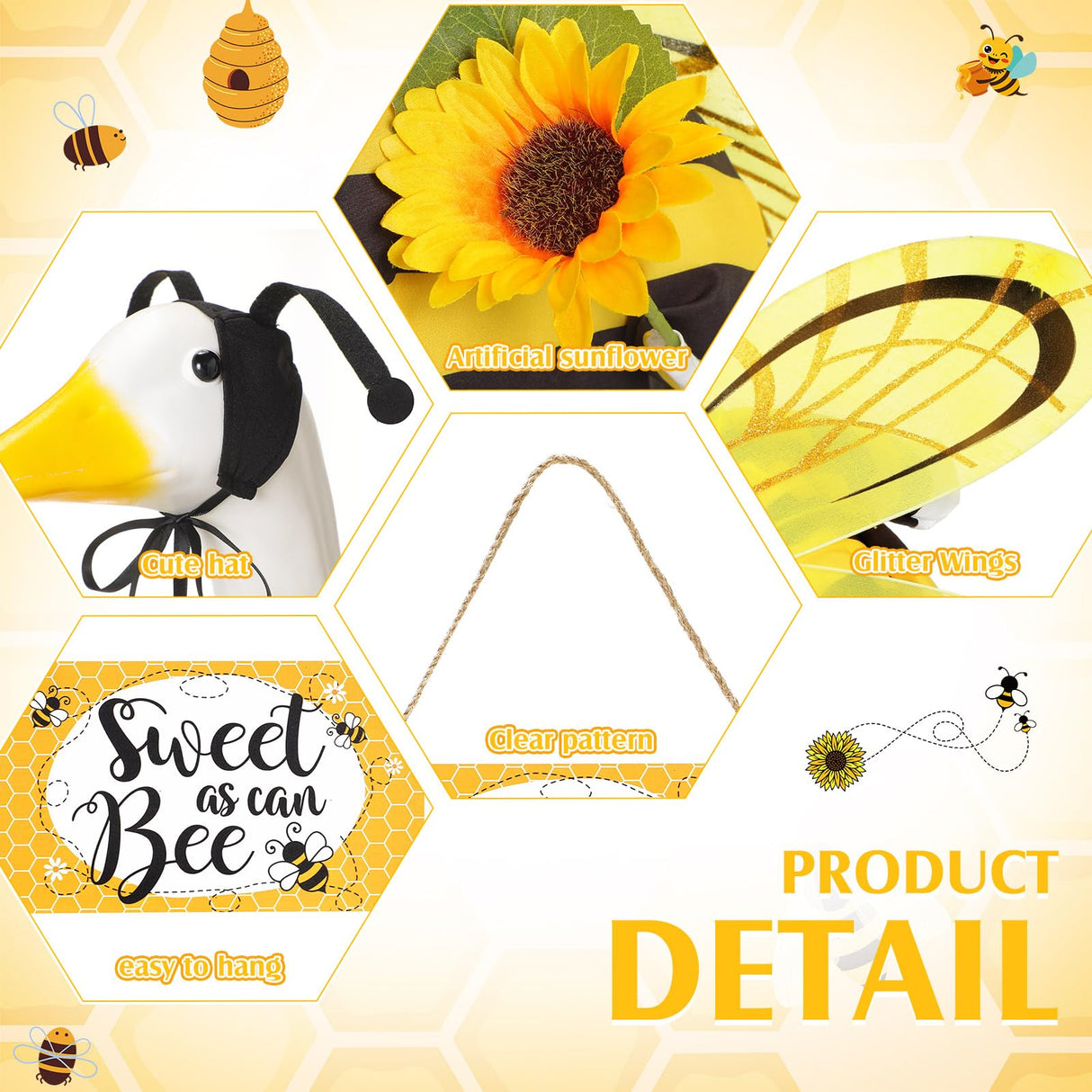 Mindsoft 2 Pcs Summer Porch Goose Outfit with Welcome Wooden Sign with Wings for 23" Cement Plastic Goose Statue Outdoor Patio Yard Lawn Art Decoration(Bee)