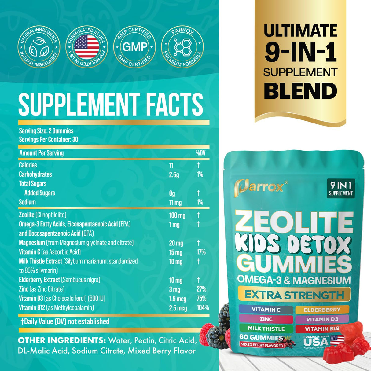 Parrox Zeolite Kids Gummies, 9-in-1 with Zeolite, Omega-3, Magnesium, Elderberry, Vitamin C, Milk Thistle, Vitamin D3, Zinc, B12 – Sugar-Free (60 Gummies – Mixed Berry Flavor)