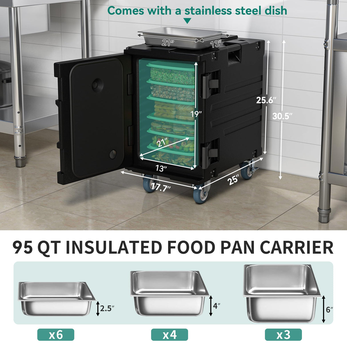 YITAHOME Insulated Food Pan Carrier, 95 Qt LLDPE Hot Box for Catering w/Stainless Steel Pan, Catering Food Warmer with Swivel Casters for 6 Full-Size Pans, Stackable Design for Restaurant Gathering