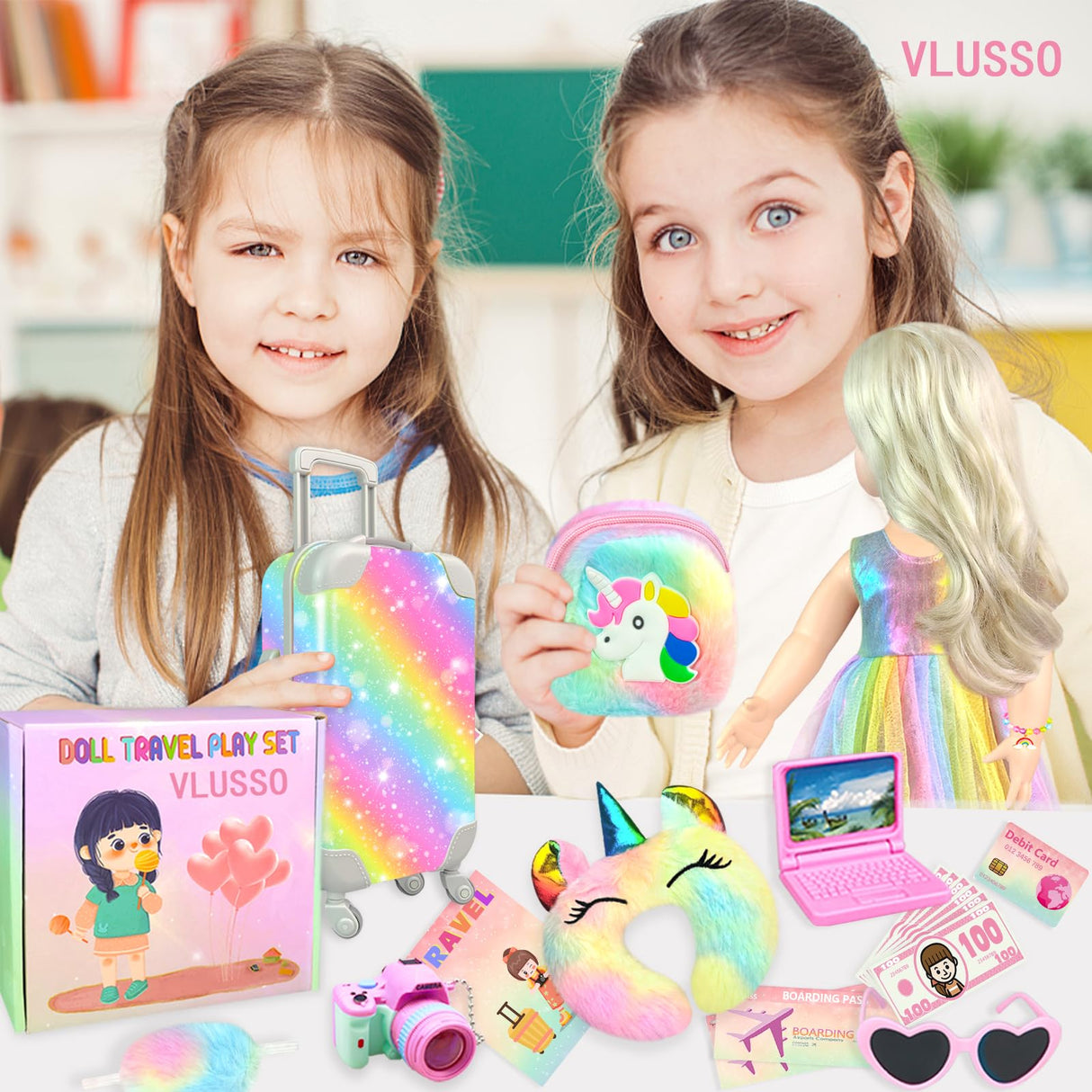 19Pcs 18 inch Girl Doll Accessories Case Luggage Travel Play Set with Clothes Camera Travel Pillow Bag Dress Glasses Stuff Fit 18 inch Doll Christmas Birthday Gift