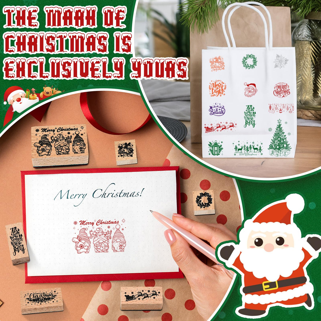 Marspark 22 Pcs Christmas Wooden Rubber Stamps and Craft Ink Pads Set Mixed Christmas DIY Cards Wooden Rubber Stamps for Party Scrapbooking Cards Making Supplies Gift Decor