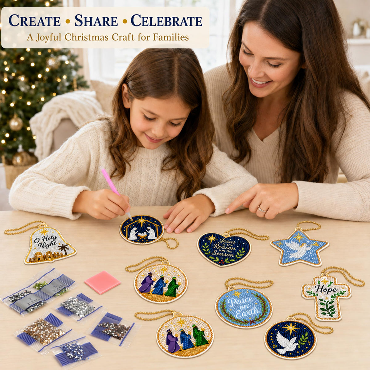 JOPHMO 16 Pcs Christmas Diamond Art Ornaments Kit - Nativity Scene