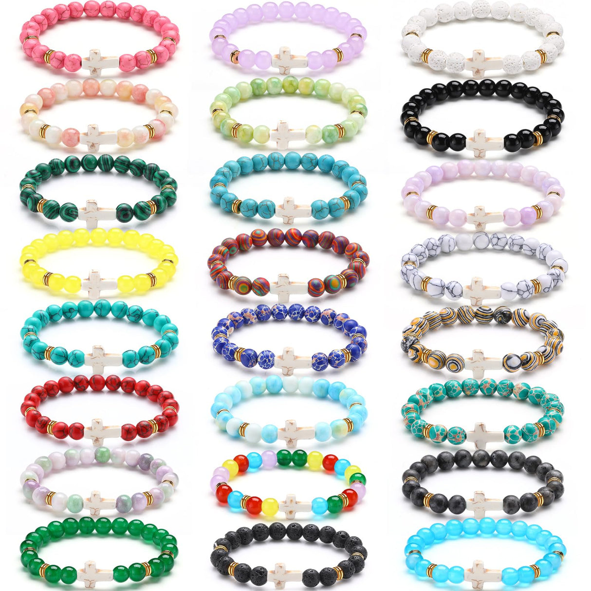 Huquary 24 Pcs Cross Beaded Bracelets, 8mm Christian Stone, Stylish
