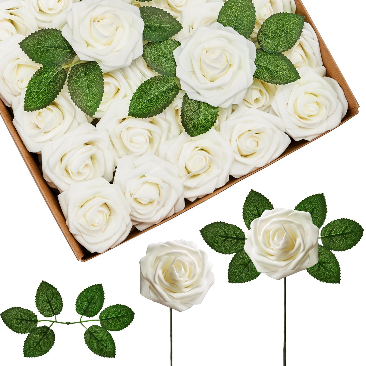 InnoGear Artificial Flowers, 50 Pcs Ivory White Foam Fake Roses Bulk with Stems for Decoration DIY Wedding Bouquets Centerpieces Bridal Shower Party Christmas Tree