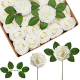 InnoGear Artificial Flowers, 50 Pcs Ivory White Foam Fake Roses Bulk with Stems for Decoration DIY Wedding Bouquets Centerpieces Bridal Shower Party Christmas Tree