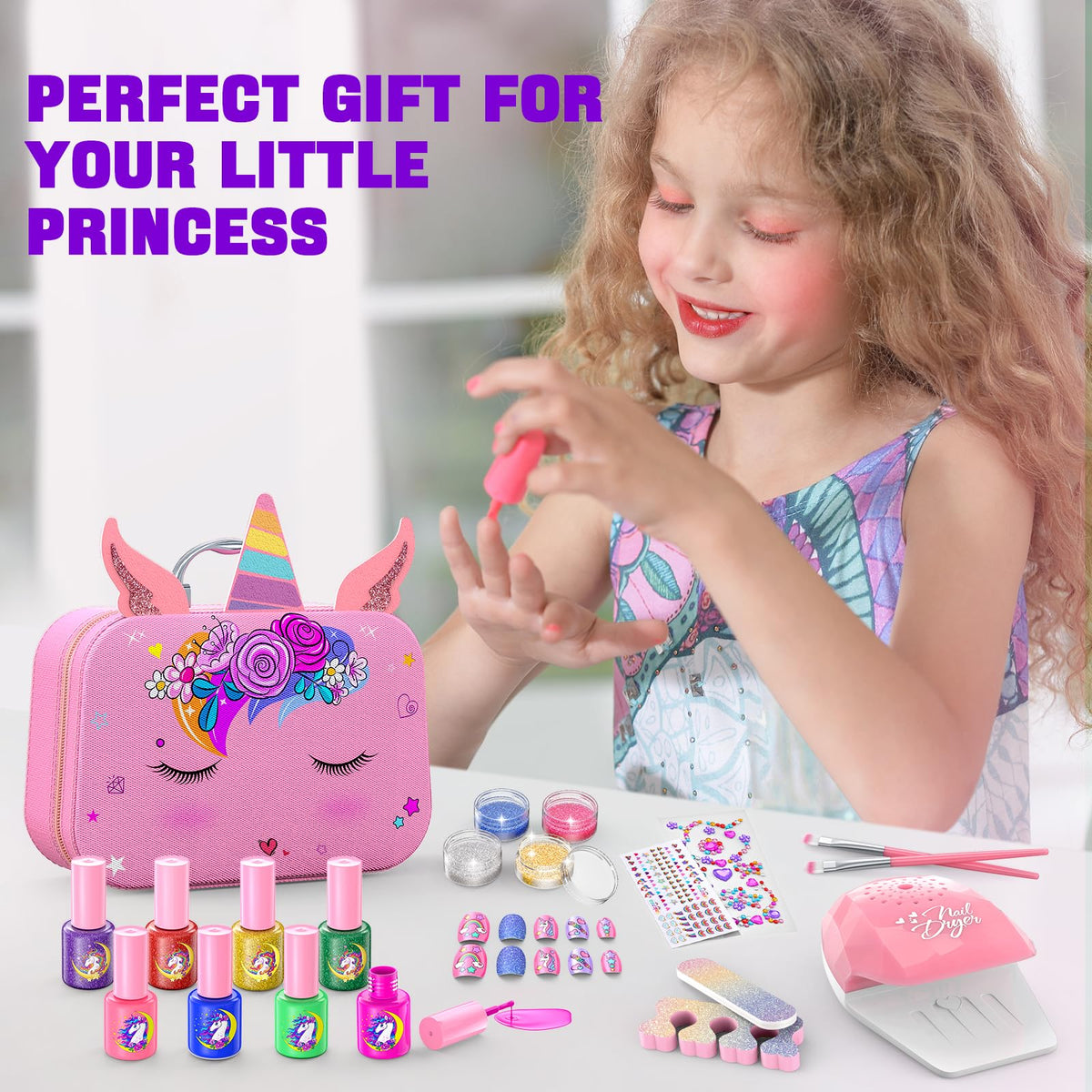Kids Nail Polish Set for Girls, Non-Toxic Quick Dry Nail Art Salon Kit with Nail Dryer and Peelable Nail Polish,Ideal Gift Toys for Girls Age 6-12