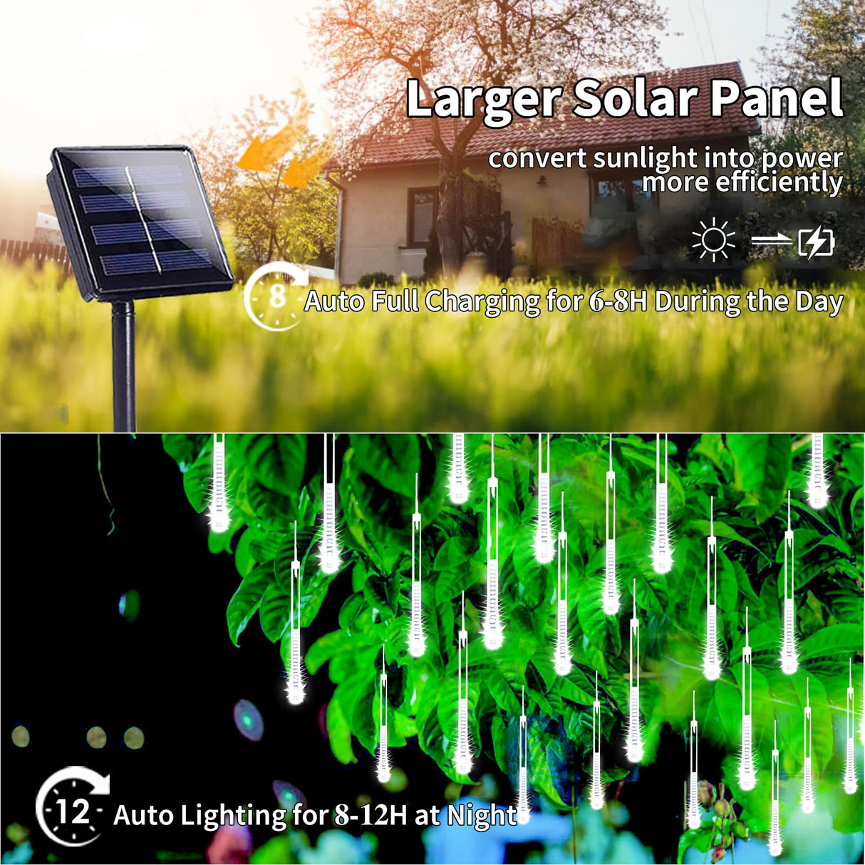 Solar Meteor Shower Lights,Solar Christmas Lights Outdoor Waterproof,16 Tubes 384 LEDs (Equivalent to 2 Sets of 8-Tube) Icicle String Light,LED Rain Drop Light for Tree Garden Decoration (Cool White)