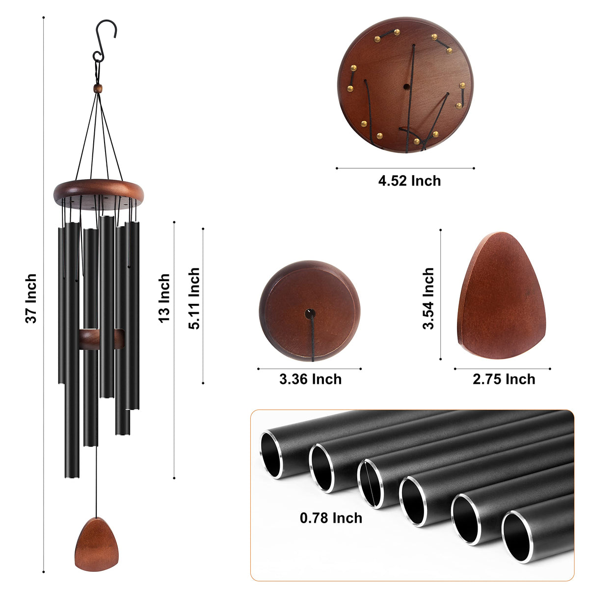 Bursvik 37" Aluminum Wind Chimes for Outside(Black), Patio Zen Decor Gift