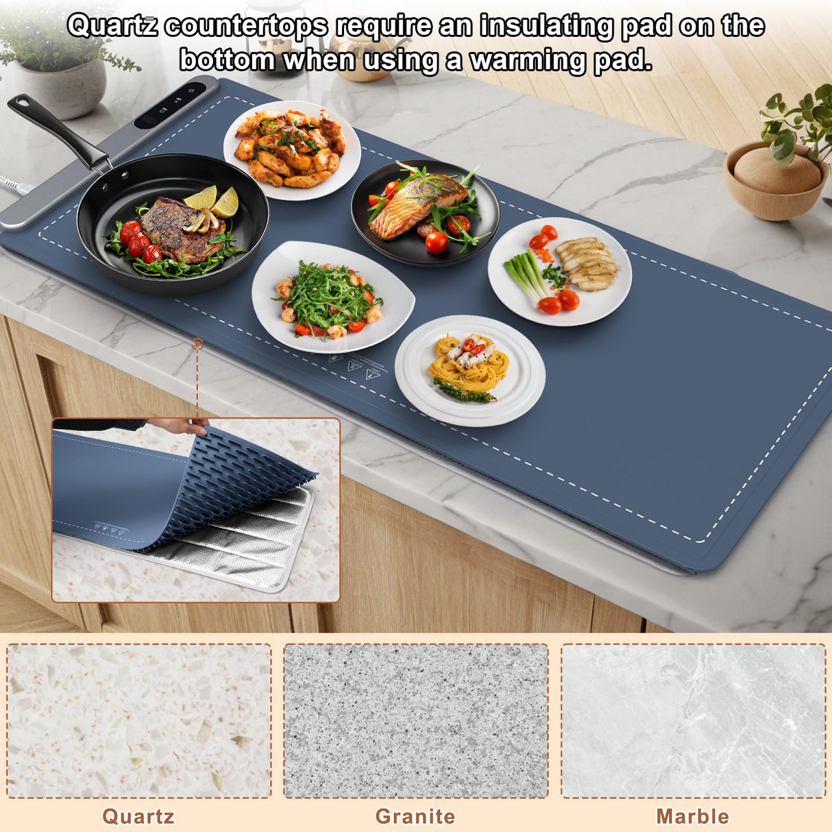 FYY Extra Large Warming Mat for Food - Rapid and Full Surface Heating, 6 Temp Settings, 6H Timer, Rollable Portable Food Warming Mat for Gatherings, Parties, Keep Meal Warm (XX Large Size, Navy)