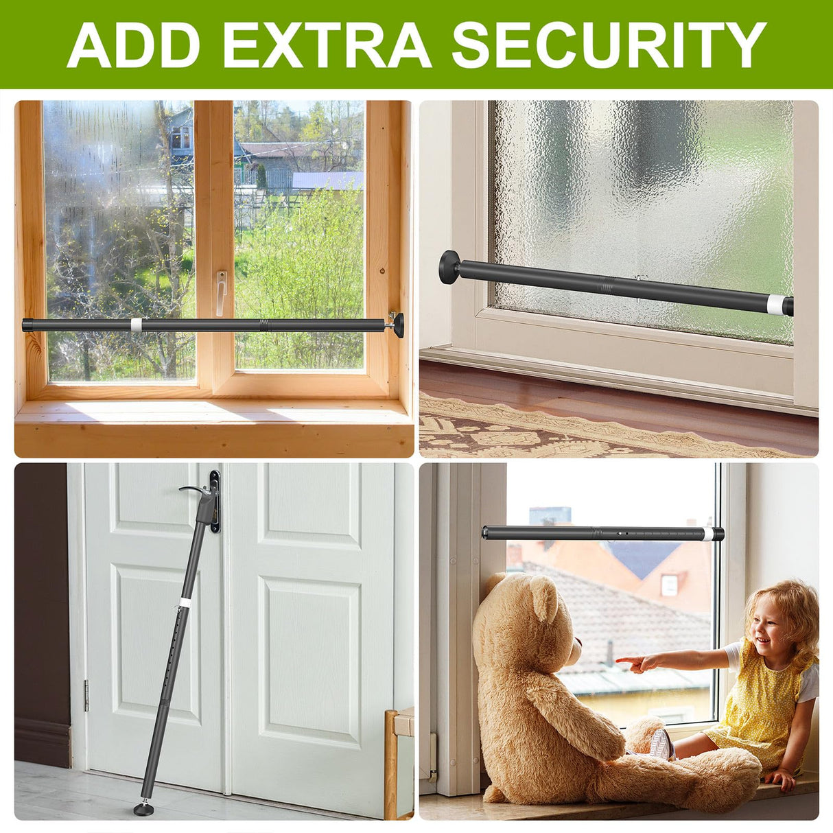 Sliding Glass Door Security Bar, Patio Door Barricade Security Bar, Apartment BarSliding Door Security Bar, Door Jammer, Black, 1 Pack