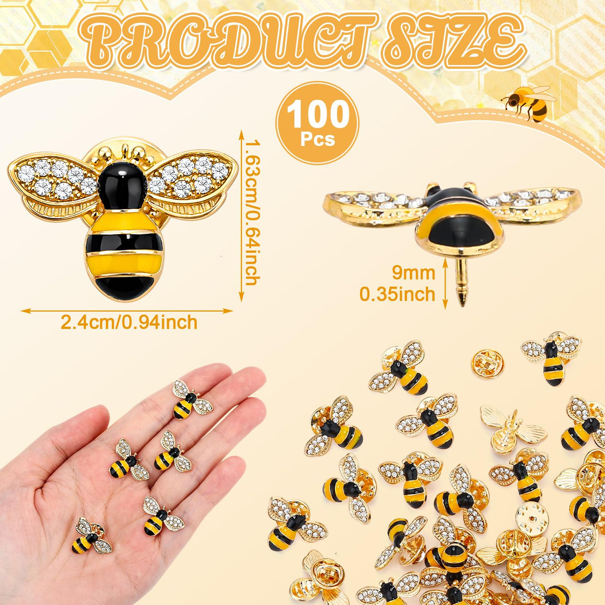 Unittype 25 Pcs Rhinestone Bee Brooches Gold Insect Themed Animal Fashion Brooches with Safety Buttons Cute Animal Lapel Pins for Clothing, Bags, Hats Gifts