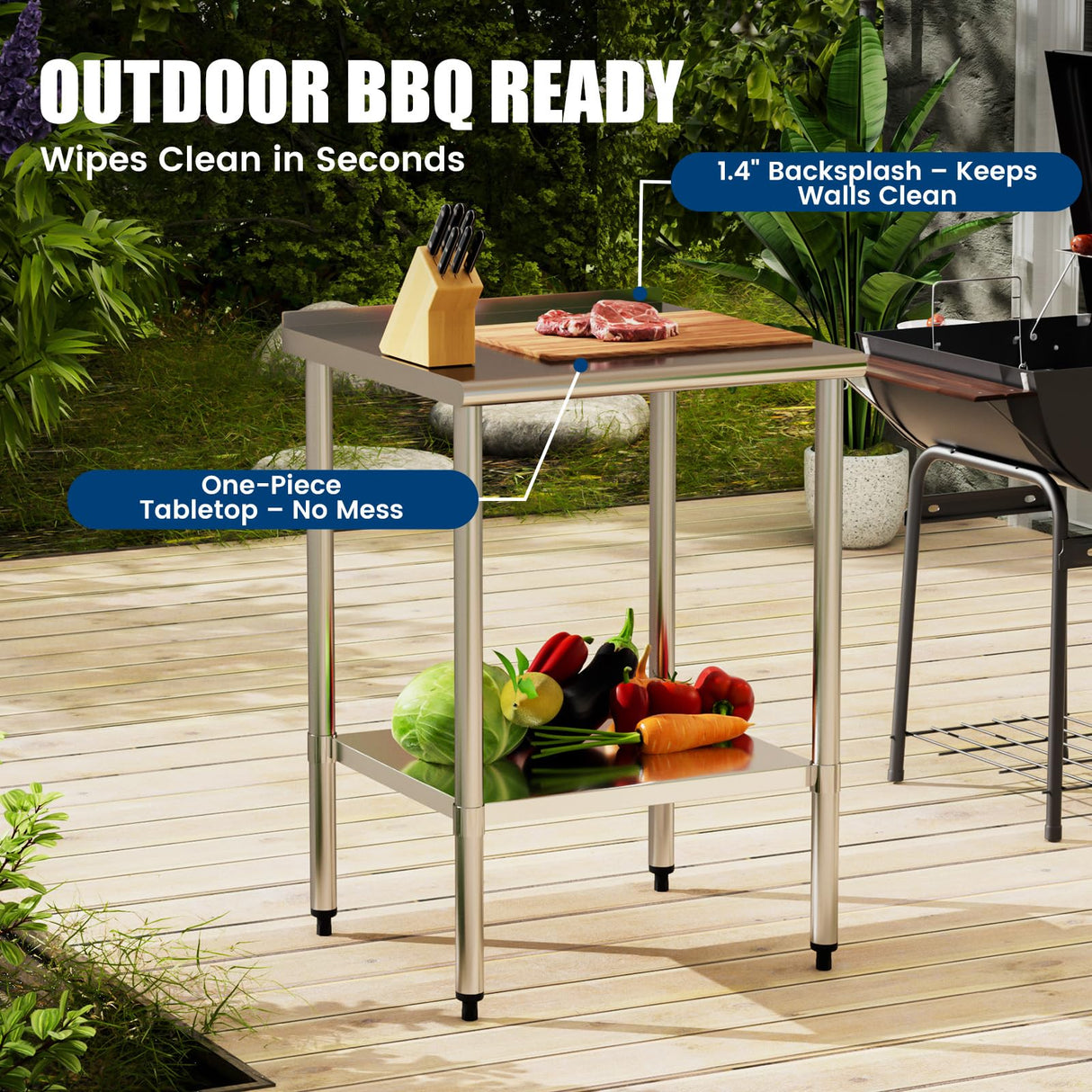 Chingoo Stainless Steel Work Table 24x24 Inch with Adjustable Undershelf & Backsplash, Heavy-Duty Prep Table for Commercial Kitchen, Restaurant, Garage, Outdoor