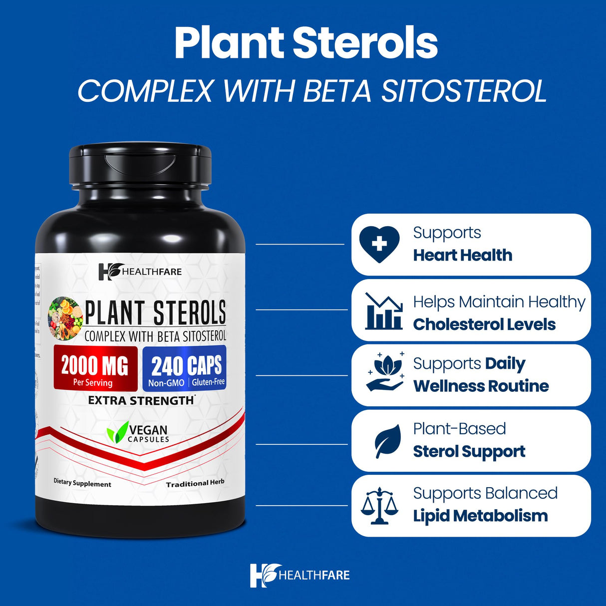 Healthfare Plant Sterols Capsules 2000mg | 240 Vegan Capsules | Beta Sitosterol & Phytosterol Complex | Plant-Based Supplement | Non-GMO & Gluten-Free | Made in The USA