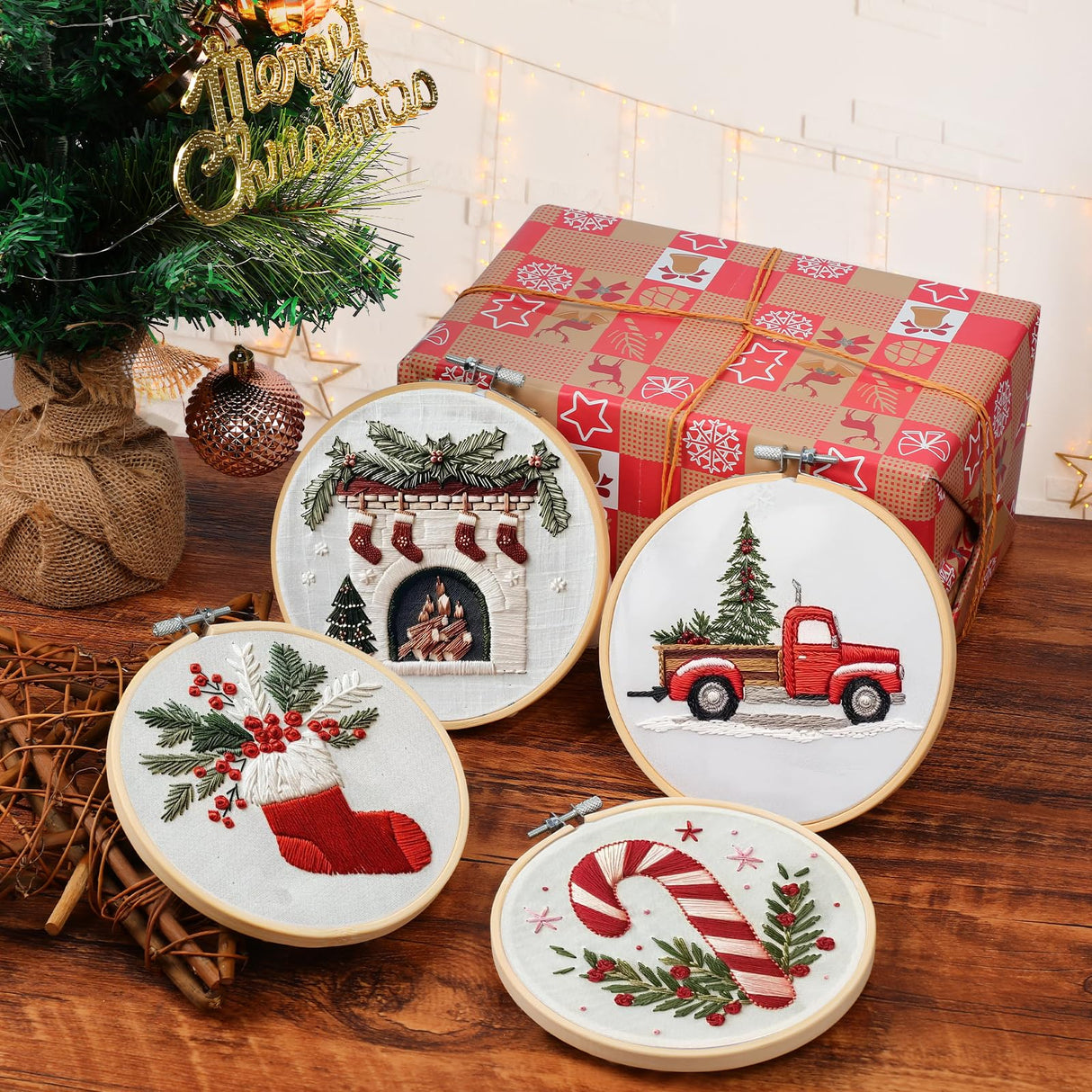 Christmas Embroidery Kit, DIY Hand Embroidery Kit, Beginner Embroidery Kit for Adults, Embroidery Christmas Ornament Kits (B)
