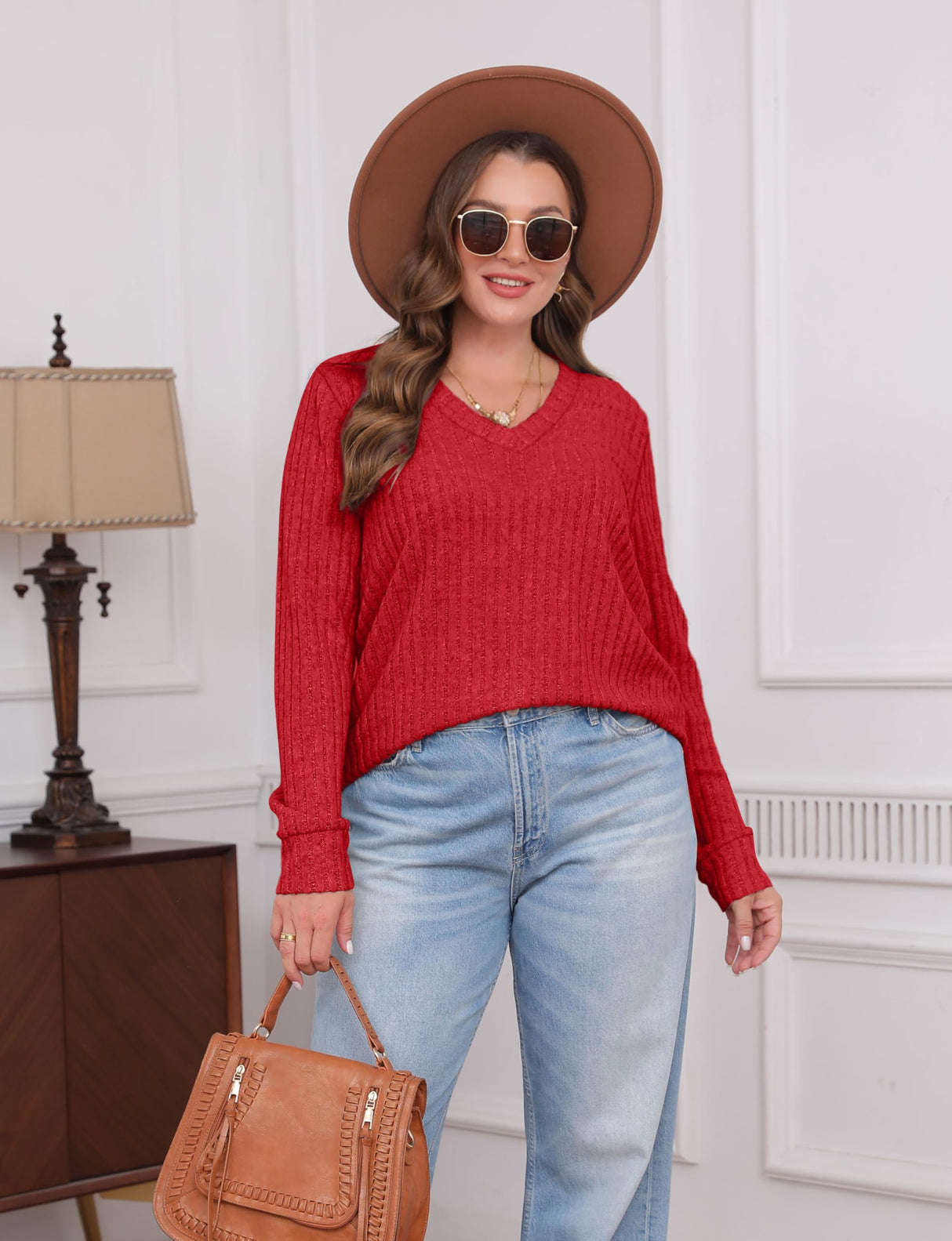 Sampeel Womens Long Sleeve Tops Casual V Neck Fall Shirts Christmas Valentine's Day Sweaters Loose Fit 2025 Red M