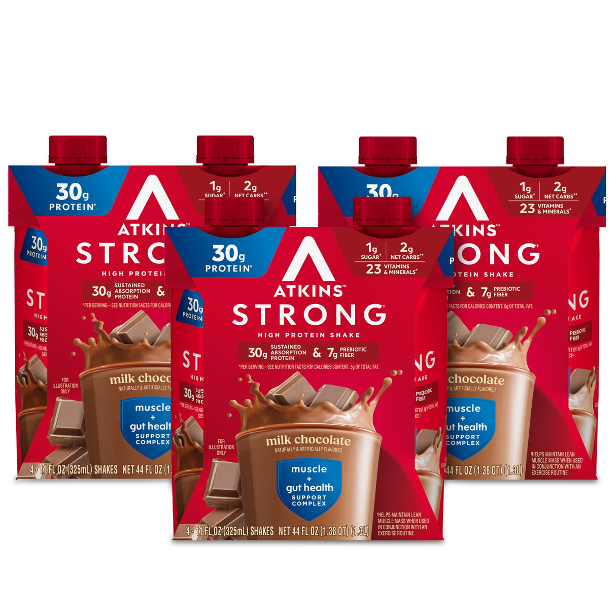 Atkins Strong High Protein Shake, Milk Chocolate Flavored, 30g Protein, Low Carb and Low Sugar Shake, Keto Friendly, Gluten Free, Muscle and Gut Health Support Complex, 12 Count