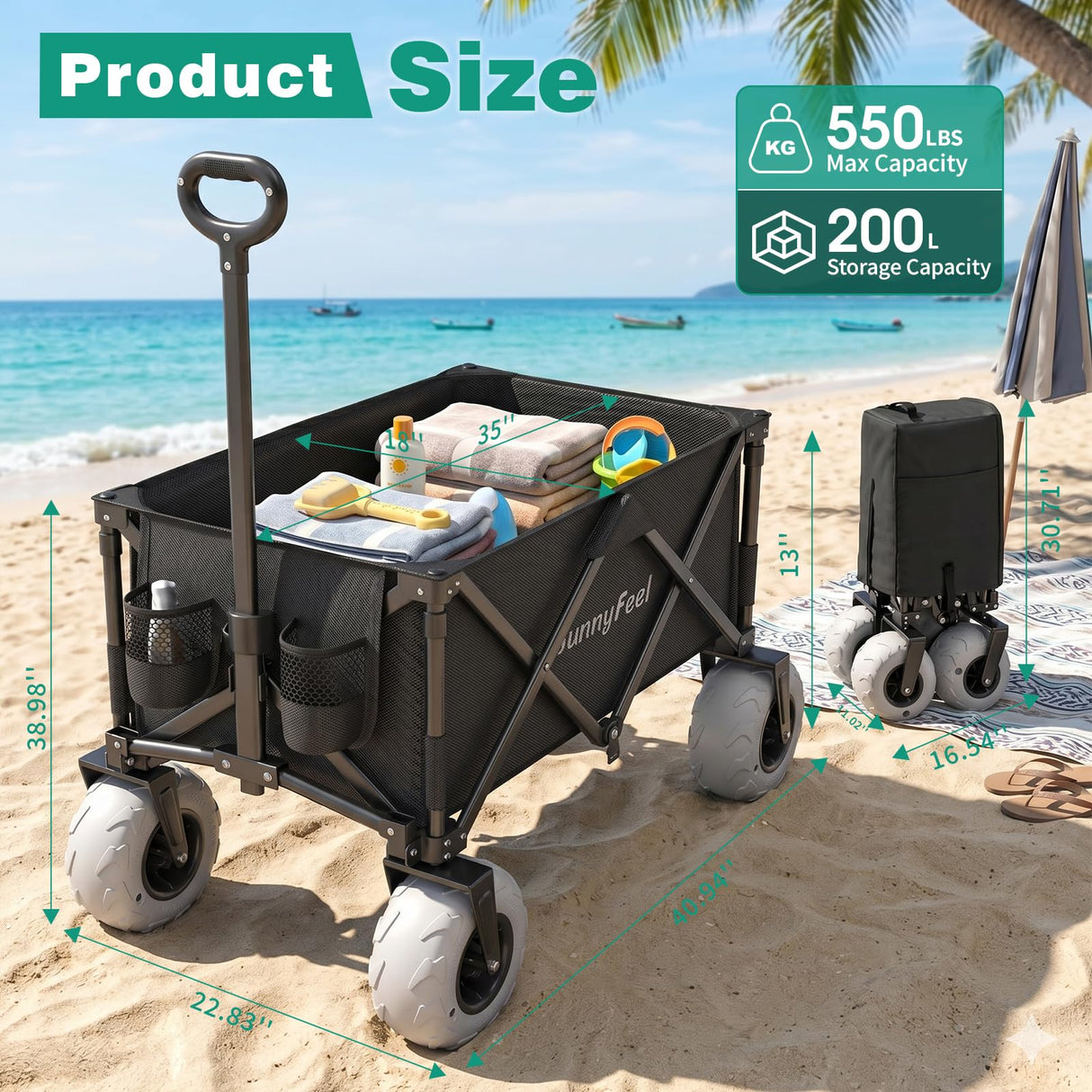 SUNNYFEEL 550LBS Beach Wagon with Big Wheels for Sand - 200L Heavy Duty