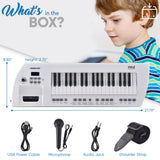 Pyle Electric Piano, 37-Key Music Keyboard, Built-in Stereo Speakers, Rechargeable Battery, Wired Microphone, Portable Design, Tones, 200 Rhythms (PKBRD37WT)