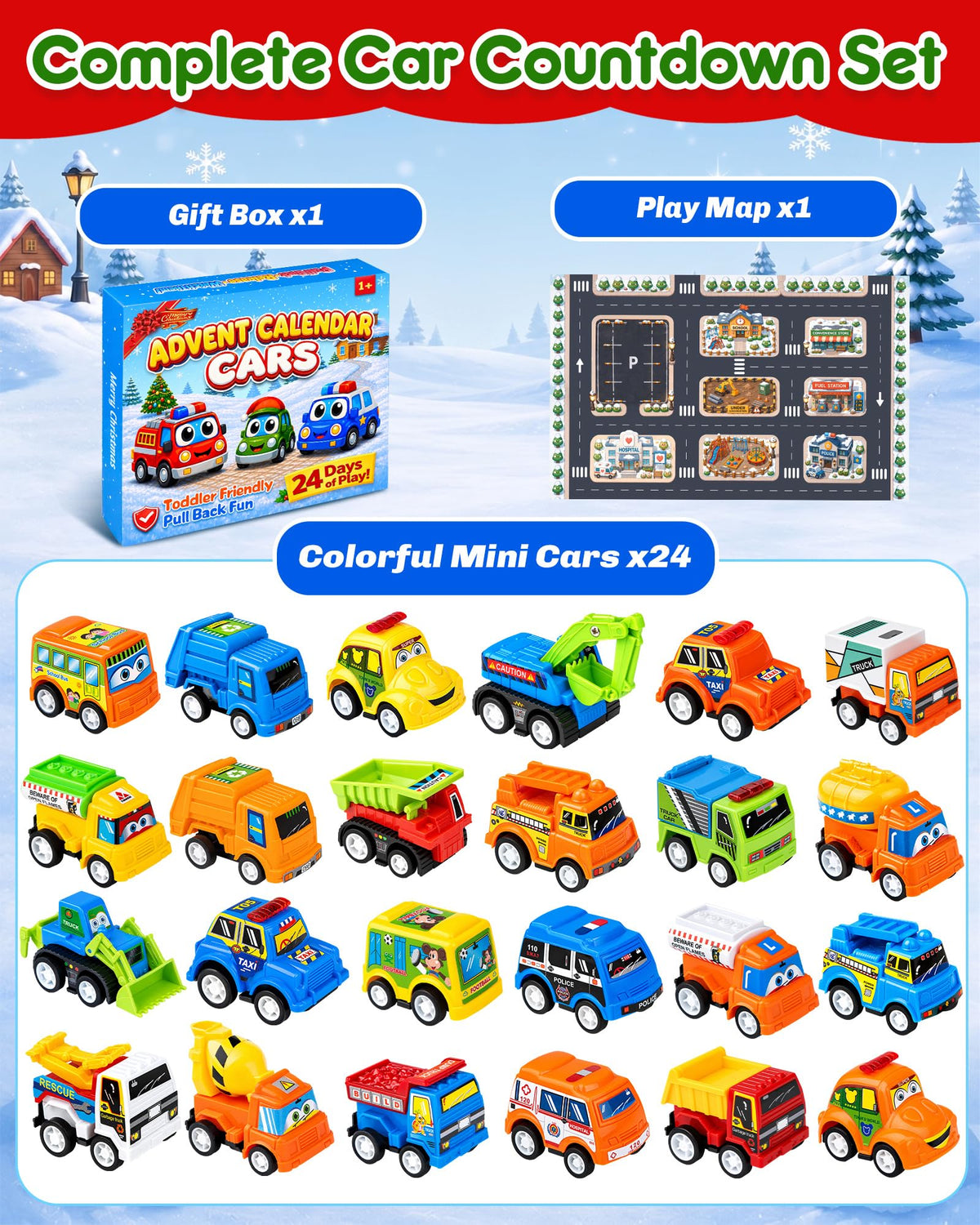 Advent Calendar 2026 for Kids Toddlers, 24 Days Pull Back Car Toy Gift Set