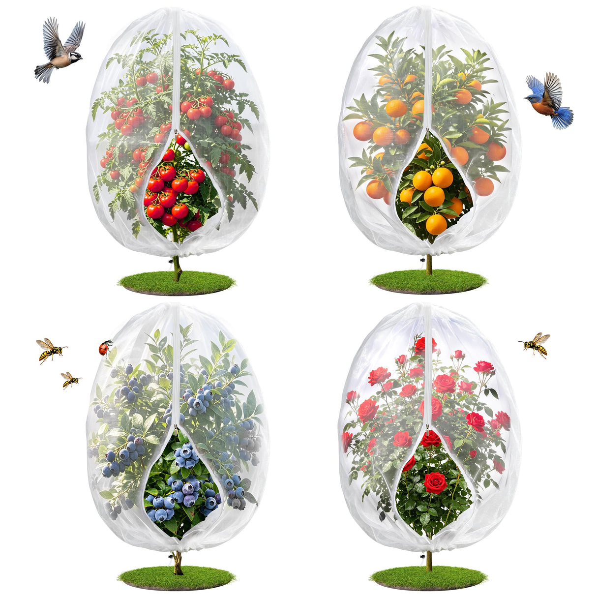 4PCS 4Ft × 5Ft Fruit Tree Netting with Zipper and Drawstring, 60 Mesh Thickened Garden Bird Netting for Blueberry Bushes, Fruits, Vegetables, Insect Bird Barrier Mesh Protective Cover