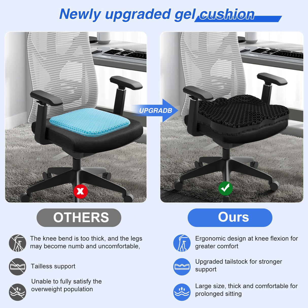 Airllantry Thicken 19.7in Seat Cushion, Gel Seat Cushion for Long Sitting–Office Chair, Wheelchair, Car Cushion, Large Cooling Pad for Back Pain, Sciatica, Tailbone Pain Relief