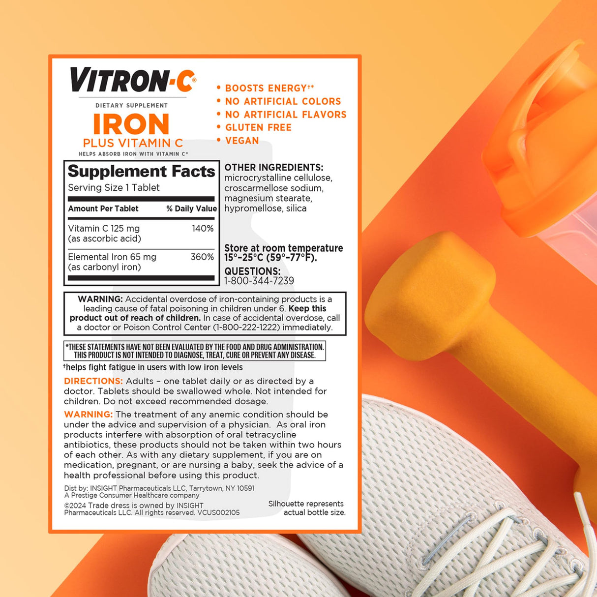 Vitron-C Iron Supplement, Once Daily, High Potency Iron Plus Vitamin C, Support Red Blood Cell Production, Dye Free Tablets, 60 Count, 2 Pack