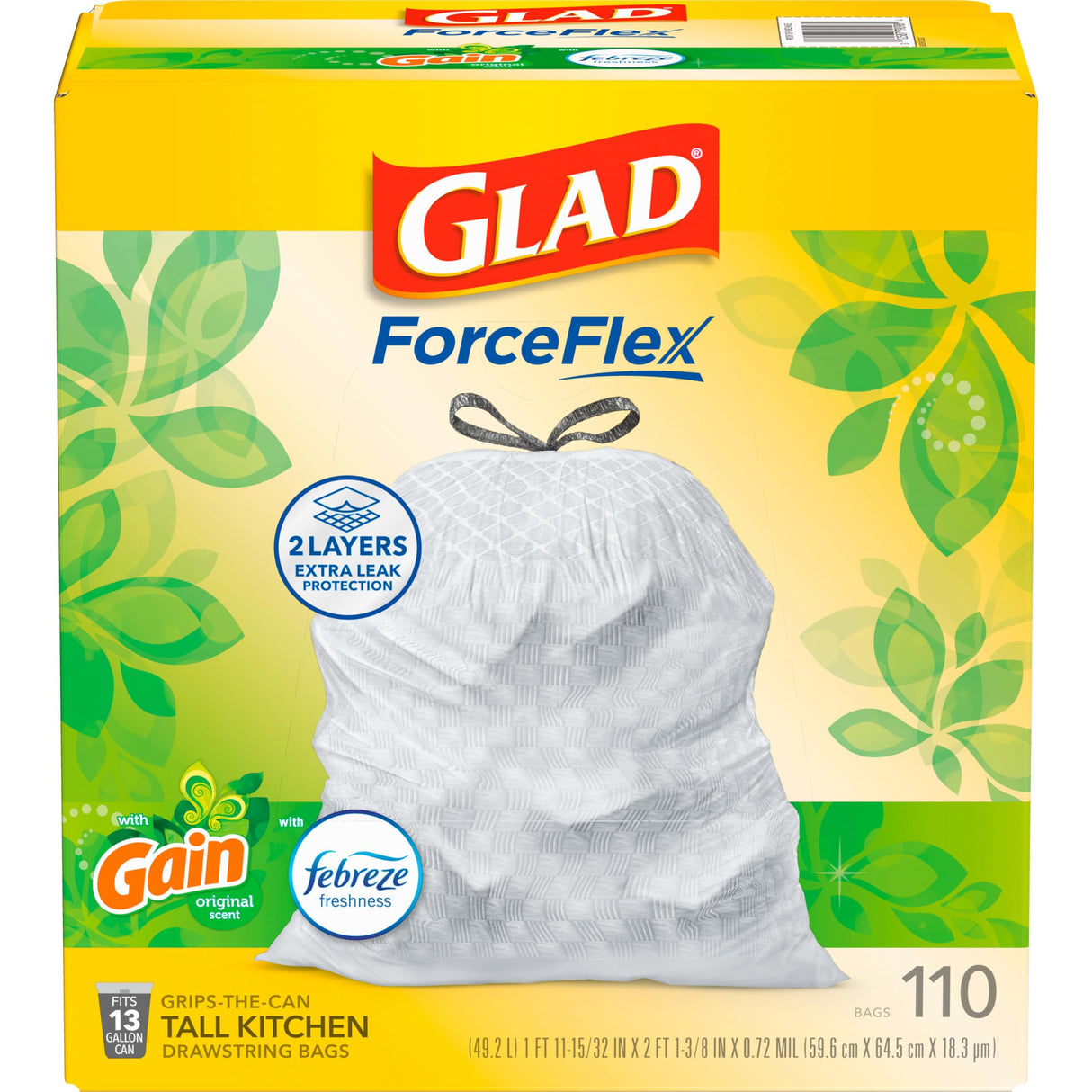 Glad Tall Kitchen Trash Bags 13 Gallon, Gain Original Garbage Bags, Odorshield with Drawstring, 110 Count
