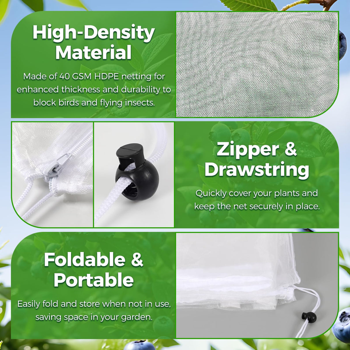 Blueberry Bush Netting Cover 2 Pack 4.5 x 4.5 ft, Bird Netting with Zipper & Drawstring, Reusable Berry Bush Netting for Blueberries & Garden Plants, Bird Deer Insect and Poultry Barrier