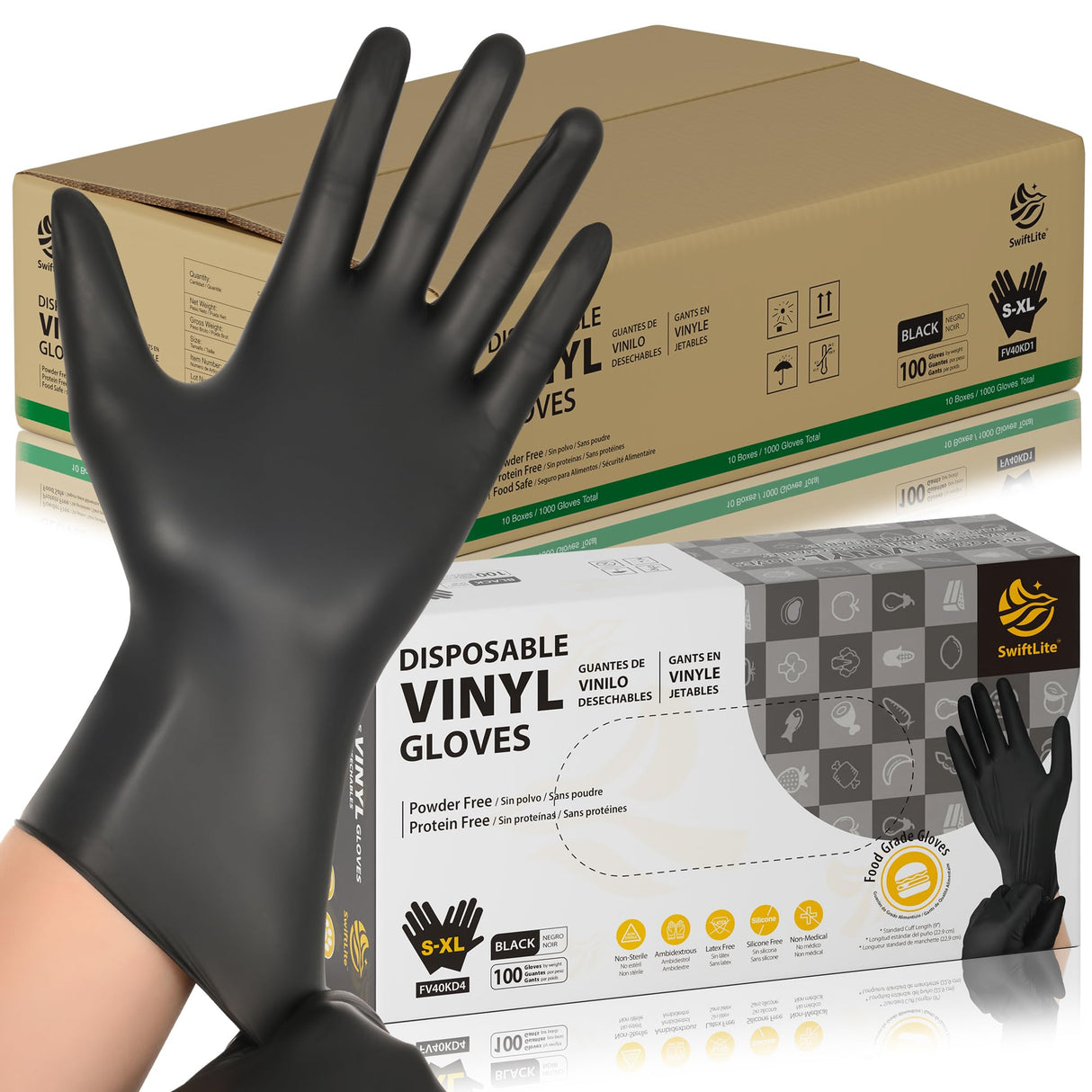SWIFTLITE Black Vinyl Gloves, Food Grade Gloves Disposable Latex Free & Powder Free, Guantes for Cleaning Cooking Food Prep (1000, Medium)