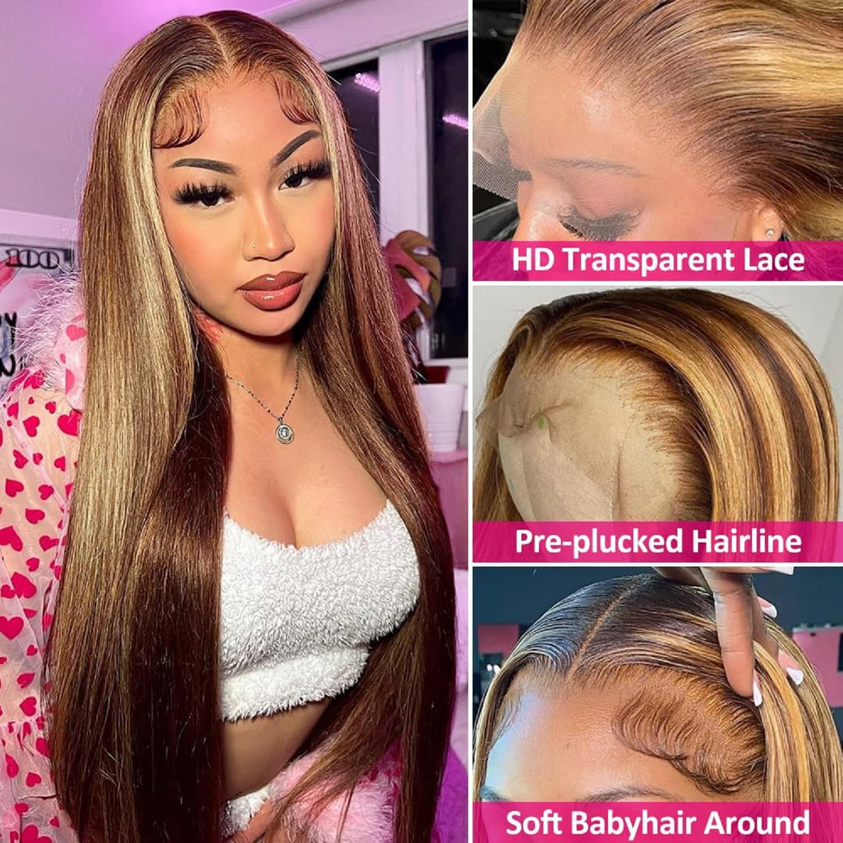 Highlight Wig Human Hair 26inch 200% Density 13x4 Full Frontal HD Transparent Lace Pre Plucked Ombre Straight Lace Front Wig Human Hair Brown Colored Glueless 100 Natural Human Hair Wigs For Women