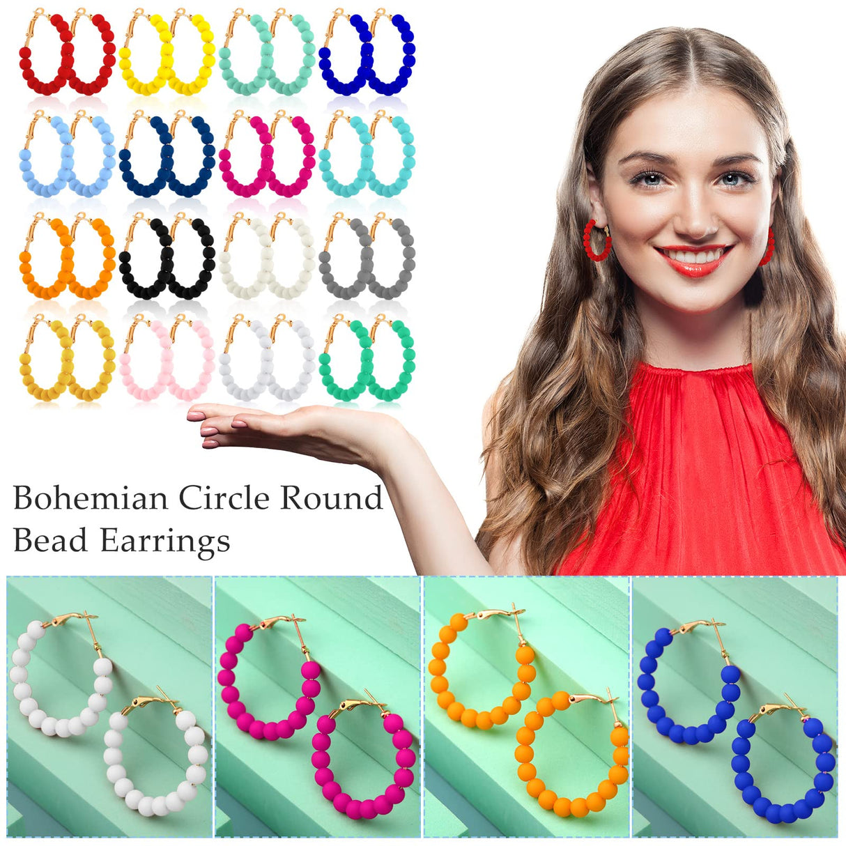 Sureio 16 Pairs Beaded Hoop Earrings Women Round Bead Earrings, 1.37 Inch