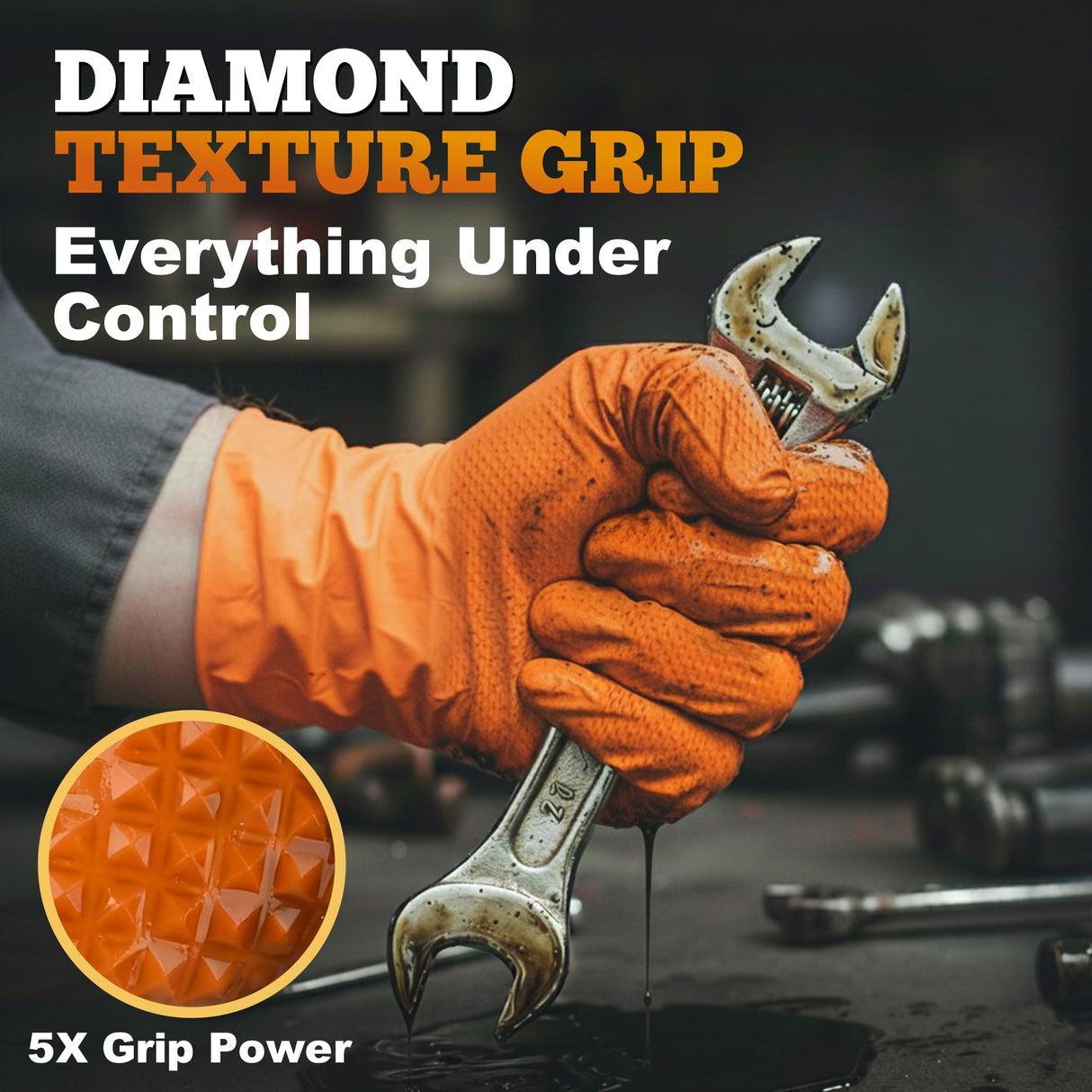 TitanFlex Heavy Duty Industrial Orange Nitrile Gloves, 8-mil, Gloves Disposable Latex Free with Raised Diamond Texture Grip, Powder Free, Rubber Glove, Mechanic Gloves,100-ct Box (XL)