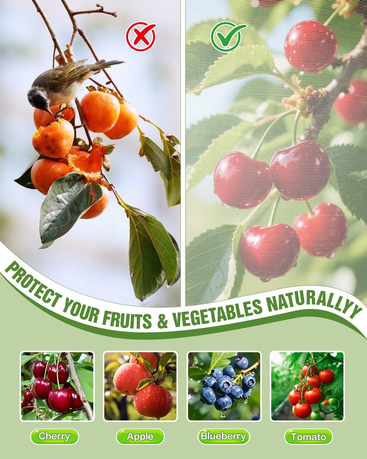 2 Packs 10x10FT Fruit Tree Netting with Zipper, 60-Mesh PE Pest Barrier