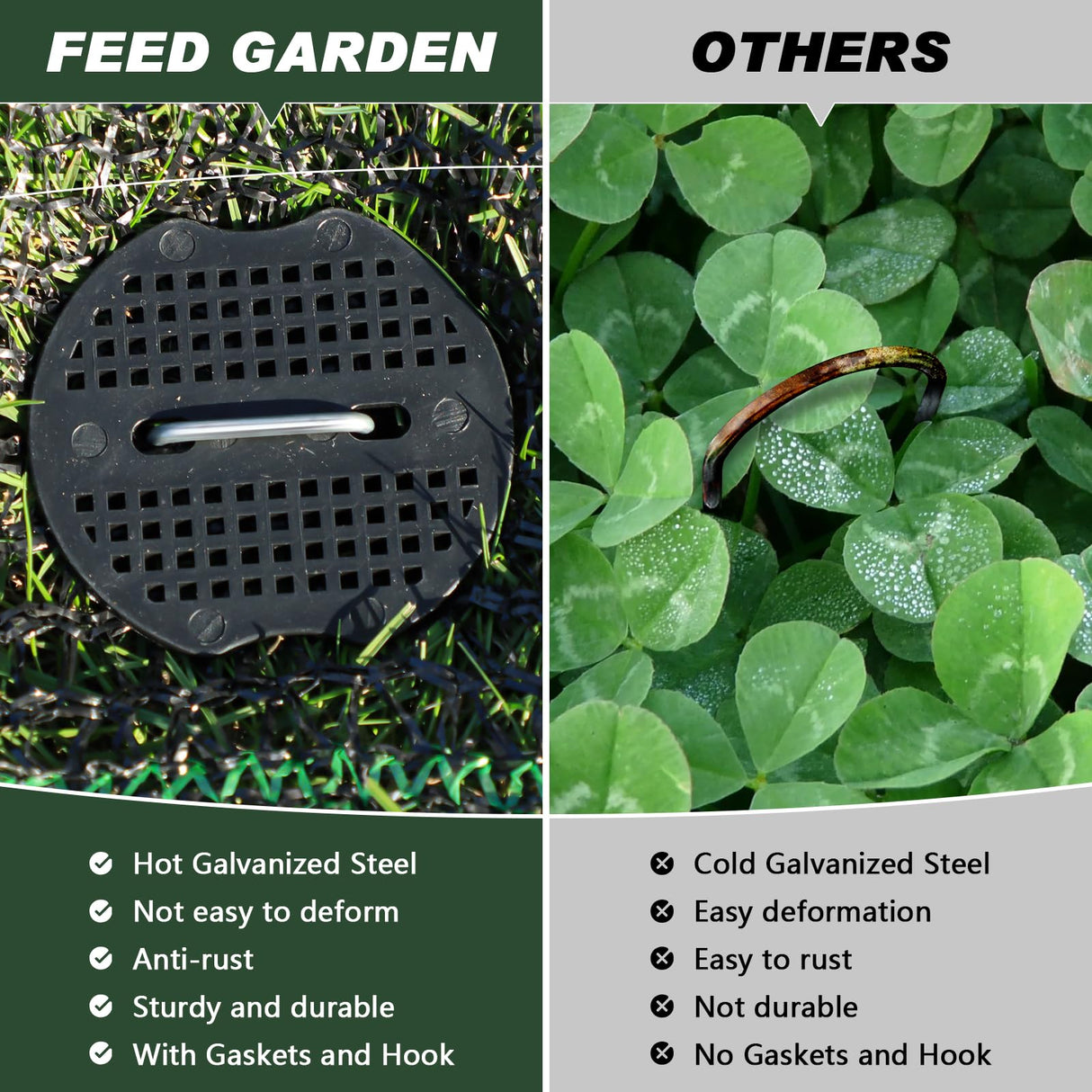 FEED GARDEN Landscape Staples 6 Inch 200 Pack Kit, Heavy Duty 11 Gauge Hot-Dip Galvanized Garden Stakes with 200 Gaskets & 1 Pick Hook for Weed Barrier, Landscape Fabric, Sod, Turf & Garden Edging