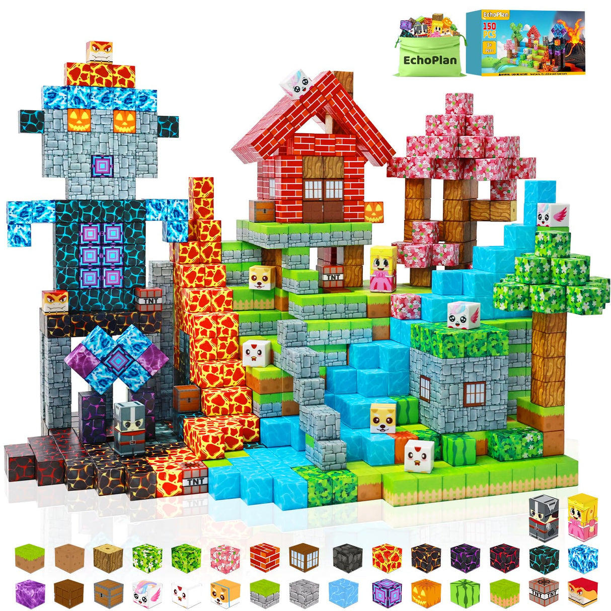 EchoPlan 150PCS Magnetic Blocks, Magnetic Building Blocks, STEM Constructions Magnet Blocks for Boys Girls Age 3 4 5 6 7 8 9 10, Sensory Stacking Toy Christmas Birthday Gifts for Kids, 1" Large Size