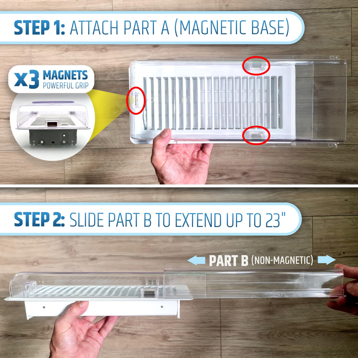 Powerful Magnetic Air Vent Deflector Sideways (Side Extender) - 3 Strong Neodymium Magnets (Upgraded Patented Design) - Fits 3"-6" Wide Floor/Wall/Ceiling Vents - 1.6"(H) - Adjustable from 12” to 23”