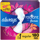 Always Radiant Feminine Pads for Women, Flexfoam Pads with Wings, Size 1, Regular Absorbency, Lightly Scented, 30 Count x 6 Packs (180 Count total) (Packaging May Vary)