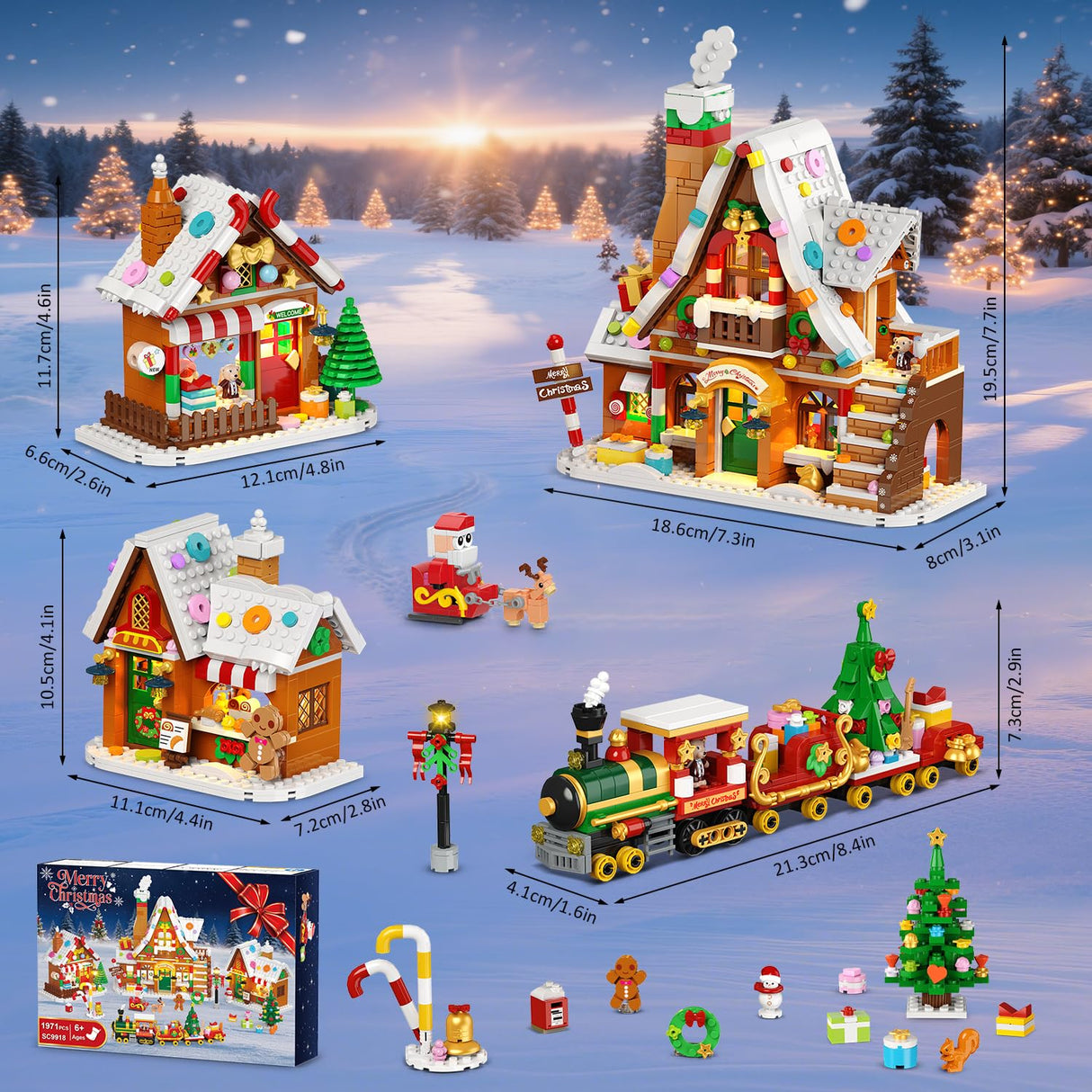 PLAXSOON Christmas Gingerbread House Village Mini Building Set with Lights, 1955 PCS Holiday Village Building Block Toy with Xmas Tree Train Santa for Home Decor, Gift for Adults Kids Girls Boys 14+