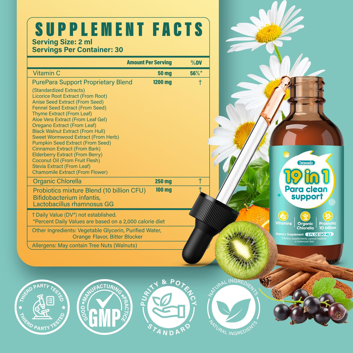 Tatavonix 19 in 1 Herbal Gut Cleanse Drops – Wormwood, Black Walnut, Chlorella 250mg, 10B Probiotics, Clove & Oregano – Liquid Detox Support for Adults & Kids, Alcohol-Free, 2oz