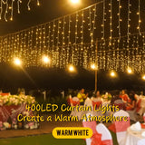kemooie 400 LED Outdoor Curtain Lights, 26.2FT x 3.3FT Curtain String Lights with 8 Shining Modes for Indoor Ceremony Birthday Christmas Party Bedroom Balcony Roof Decorations (Warm White)