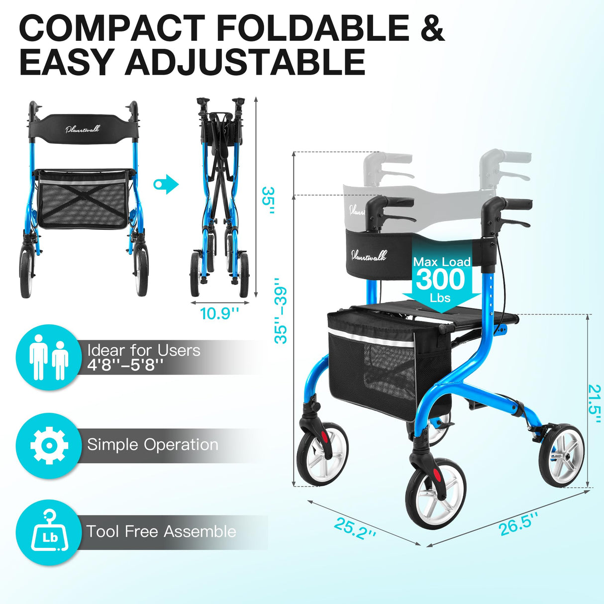 PLANET WALK Super Lightweight Rollator Walker for Seniors, Foldable Rolling Walker with Seat and 8" Rubber Wheels for All Terrain, Unique Design Aluminium Frame Sturdy Walkers for Traveling - Blue