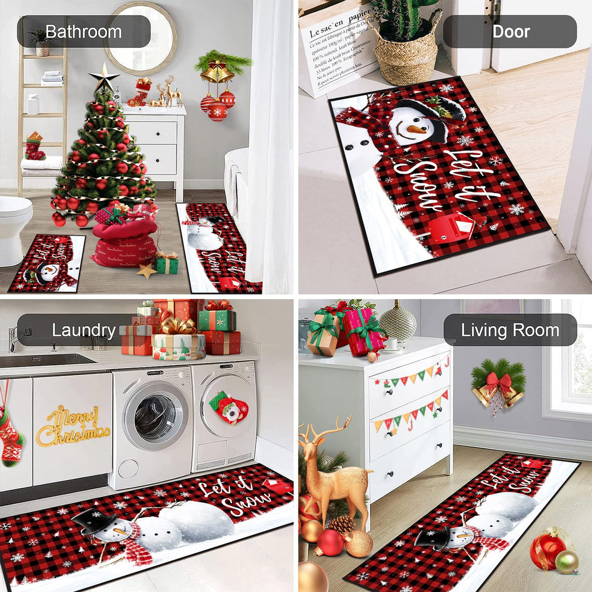 JWXCBIM Let It Snow Christmas Snowman Kitchen Rugs and Mats Set of 2, Buffalo Plaid Winter Snowflake Xmas Holiday Home Kitchen Decor Floor Mats, Washable Non-Slip Sink Carpet 17x30+17x47 Inches