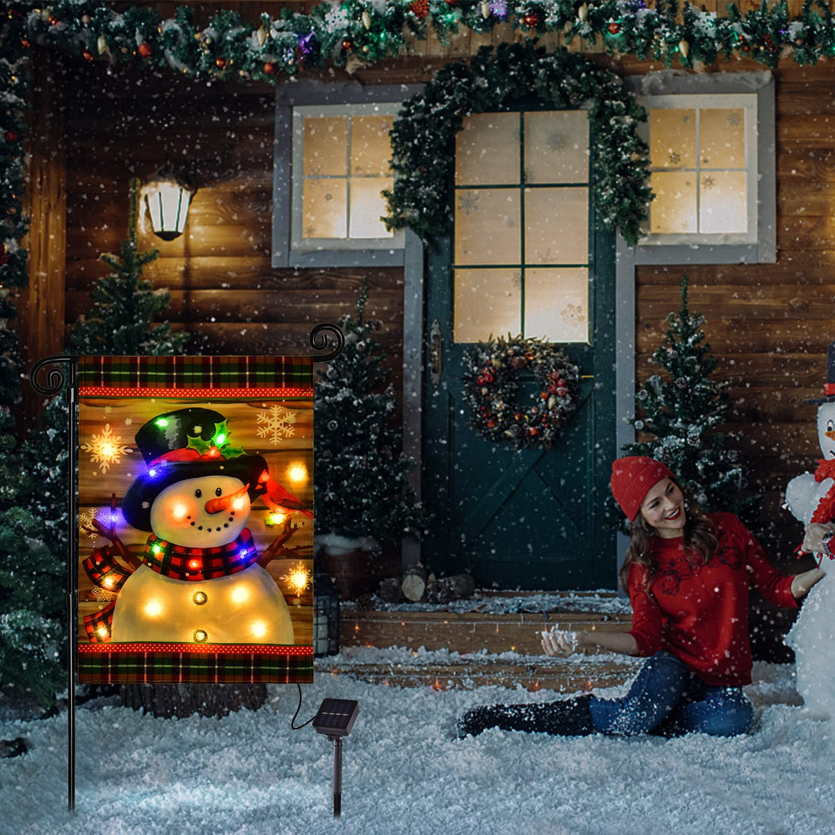 Lighted Christmas Snowman Garden Flag Outdoor Decor, 12x18 In