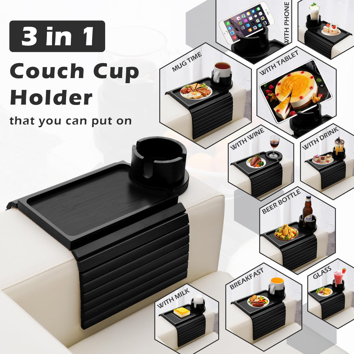 BAMBOOTRAY Couch Cup Holder Tray, 3 in 1 Large Couch Arm Table,Bamboo Sofa Clip on Tray Table with 360° Ratated Phone Holder for Couch,Armrest Tray for Drink,Snacks,Remote,Phone